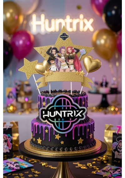 K Pop Huntrix Demon Hunters Gold Pasta Süsü 4'lü Çubuklu Doğum Günü Pasta Dekoru +3