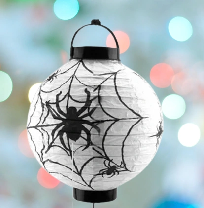 Halloween Cadılar Bayramı Japon Feneri Pilli 20 Cm Beyaz Örümcek Desenli Korku Aksesuarı Diğer