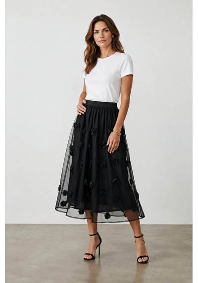 Bihan Store Kadın Gül Desenli Etek Y26-50816 - Siyah