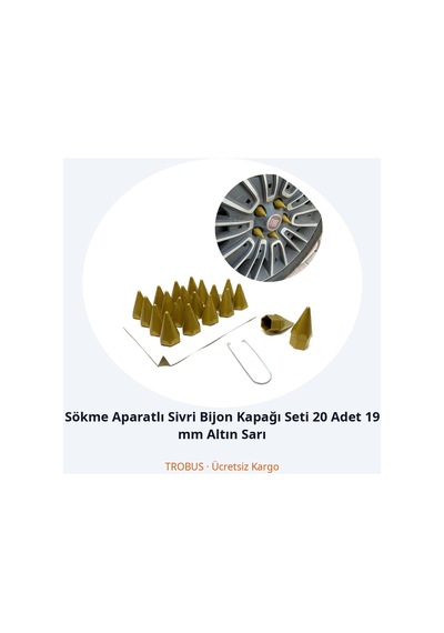 Trobus Sökme Aparatlı Sivri Bijon Kapağı Seti 20 Adet 19 Mm Altın Sarı