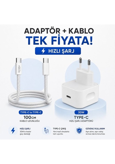 Schitec 30w Hızlı Şarj Adaptörü Ucb-c+60w Type-c To Type-c Örgülü Data Ve Hızlı Şarj Kablosu