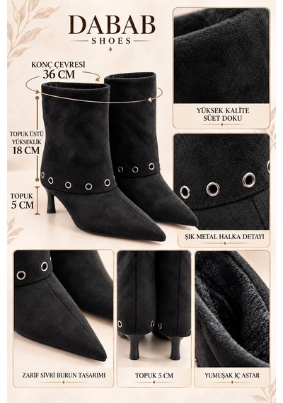 Dabab Shoes Lucıa Kadın Siyah Süet Görünümlü Metal Halka Detaylı Sivri Burun 5 Cm İnce Topuklu Kısa Bot Bootie