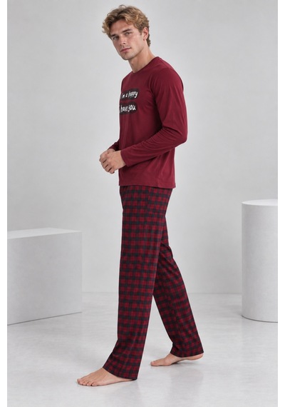 Pijamask Erkek Bordo Baskılı Uzun Kollu Kırmızı Siyah Ekose Pantolonlu Pijama Takımı Bordo Pijamask Erkek Bordo Baskılı Uzun Kollu Kırmızı Siyah Ekose Pantolonlu Pijama Takımı Bordo