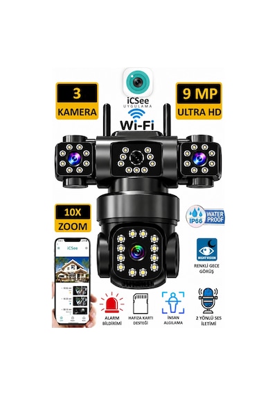 Pro 9mp 3lens Wifi Güvenlik Kamerası 360 Hareketli Gece Görüş Ip66 Sesli Konuşma Hareket Takibi