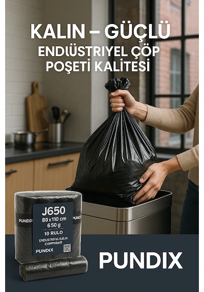Pundix Pundıx J650 Endüstriyel Jumbo Boy Çöp Poşeti 80x110 Cm 1 Koli 10 Rulo / 100 Adet Dayanıklı, Sızdırmaz Ve Geniş Hacimli Çöp Torbası