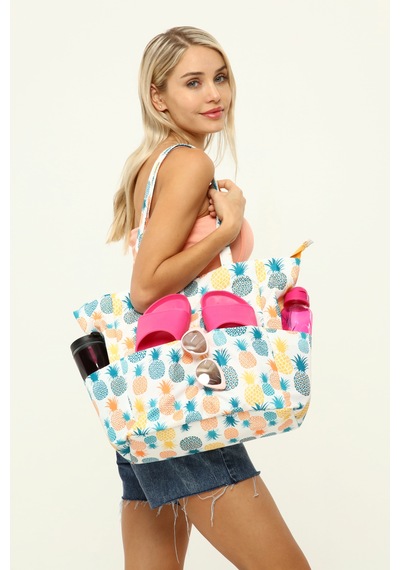 İcone Bag Kadın Çantası, Fonksiyonel Baskılı Plaj Çanta, Beach Bag, Karpuz Tropical Desenli Fermuarlı Çanta Yeşil - Sarı