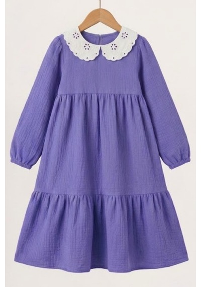 Angel&co. Girls Clothing Brode Yaka Müslin Midi Elbise-mor Lavanta Moru Lavanta Moru