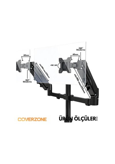17 32 İnç Amortisörlü Çiftli Pivot Monitör Kolu, Gazlı Yaylı, 2 9 Kg, Çift Montaj Seçeneği Sıkıştırma Ve Vidalama, 360 Döner, Vesa Uyumlu Stant, M02, Siyah