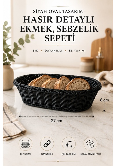 Siyah Oval Tasarım Hasır Detaylı Ekmek, Sebzelik Sepeti 27x 8 Cm