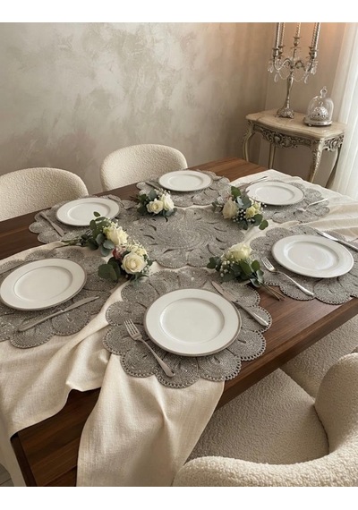 5 Li Set Gümüş Rengi Simli Masa Runner