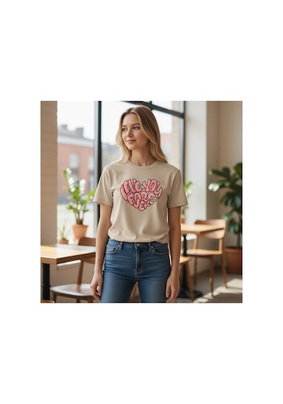 Urbantrendstore Unisex Love Forever Seni Seviyorum Baskılı Oversize Fit Rahat Geniş Salaş T-shirt Günlük Tişört Bej