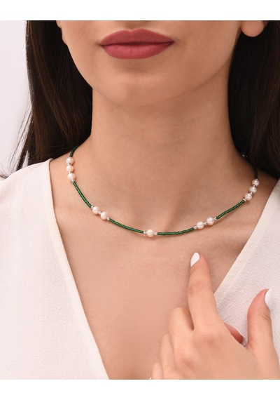 Kuyumcudukkani Yeşil Boncuk Taşlı Ve Hakiki İncili Trend Kolye-29239-w-grn Beyaz
