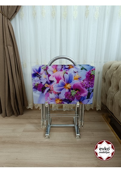 Evko Mobilya Çanta Zigon Sehpa, 4'lü Sehpa, Zigon Sehpa, Servis Sehpası, Camlı Sehpa, Katlanır Sehpa Menekşeee Mor