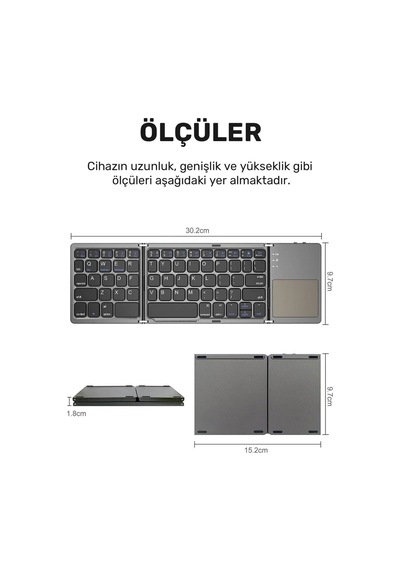 Plentiful Katlanabilir Bluetooth Type-c Klavye Türkçe Q Android / Apple Uyumlu iOS Siyah