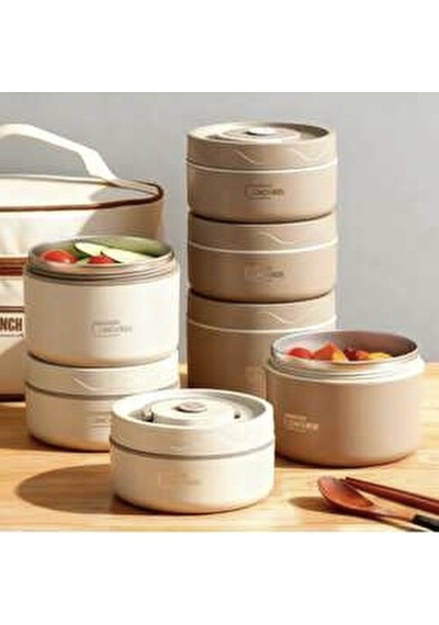 Lunch Box Isı Yalıtımlı Termal Yemek Çantası + 4 Lü Saklama Kabı Seti Kahverengi - Krem