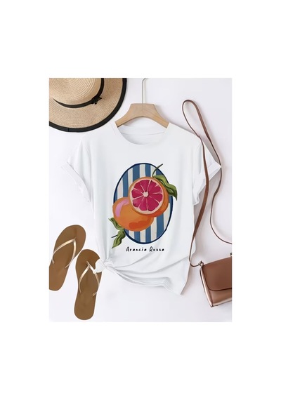 Kadın İtalyan Esintili Portakal Baskılı Comfort T-shirt Beyaz