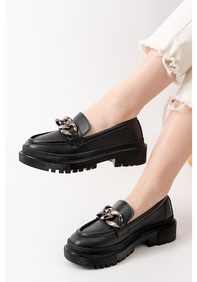 Asmi Shoes Kadın Somo Siyah Cilt Kalın Tokalı Loafer Ayakkabı Siyah Siyah