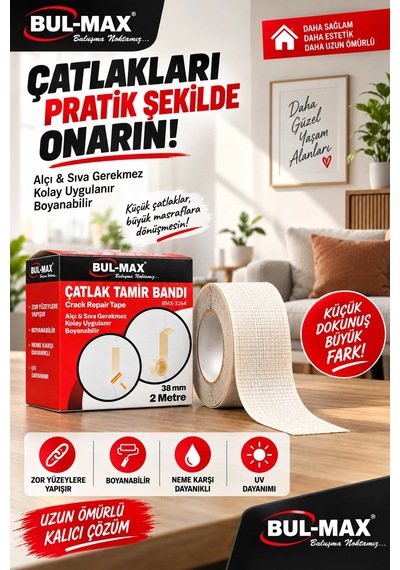 Çatlak Tamir Bandı 38 Mm X 2 Metre Boyanabilir Neme Ve Uv Ye Dayanıklı Duvar Onarım Bandı