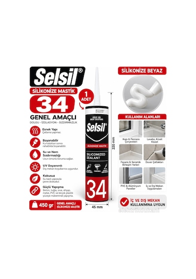 Selsil 34 Slikonize Beyaz Mastik Slikon 450gr Genel Amaçlı Boyanabilir Mastik