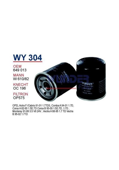 WUNDER WY304 YAĞ FİLTRESİ - OPEL COMBO A - CORSA A-CORSA B