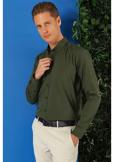 Efor Slim Fit Düğmeli Yaka Pamuklu Klasik Haki Gömlek Gk 715 Haki