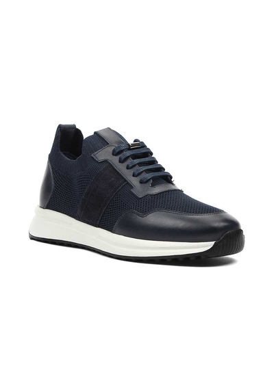 Erkek Lacivert Bağcıklı Deri Sneaker