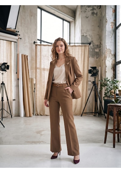 Prenses Kadın Yüksek Bel Kemerli Blazer Ceket Takım Camel