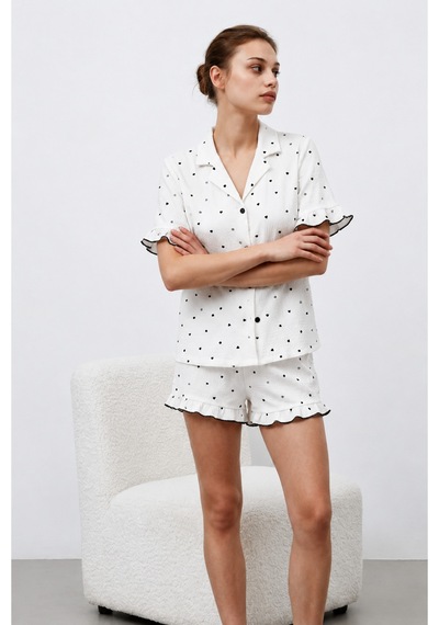 Kadın Premium Fırfırlı Beyaz Pijama Takımı