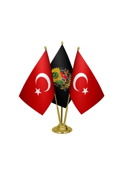 Masa Üstü Siyah Osmanlı Arması Bayrağı Türk Bayrağı Üçlü Pirinç D