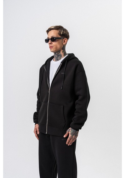 Erkek Respire Yazı Detaylı Kapüşonlu Basic Zip Oversize Hoodie Siyah