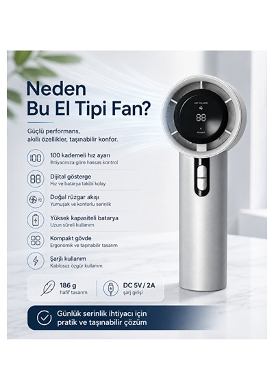 100 Kademeli Dijital Göstergeli Şarjlı El Tipi Fan Taşınabilir Mini Masaüstü Fan Gri