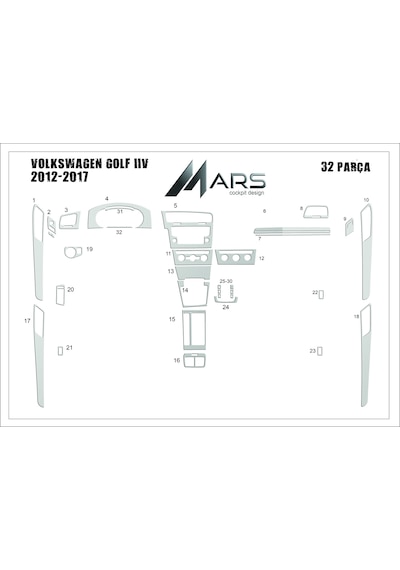 Volkswagen Golf 7 Torpido Kaplama 2012 - 2016 32 Parça Full Set Alüminyum