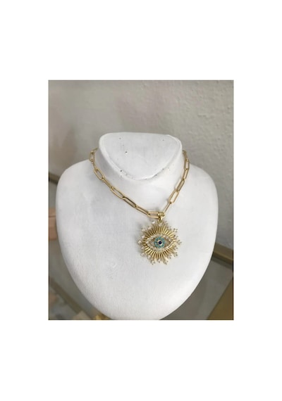 Lunarie Göz Figürlü Nazar Vintage Kolye 14k Gold Çerçeve Işınsal Altın