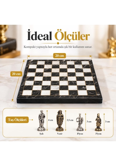 Lüks Metal Satranç Takımı Osmanlı Bizans Figürlü Krom Siyah Mermer Desenli 20x20 Premium Hediye Seti