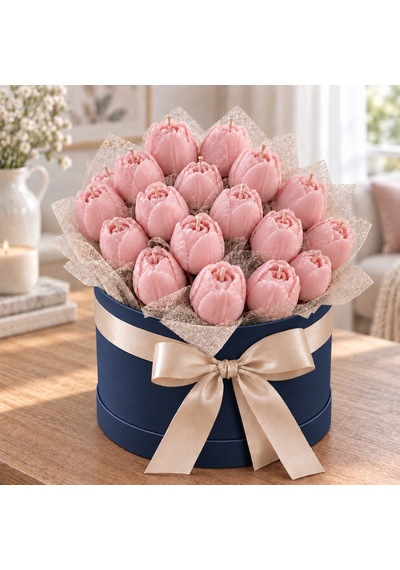 Pembe Lale Mum Buketi Silindir Kutulu