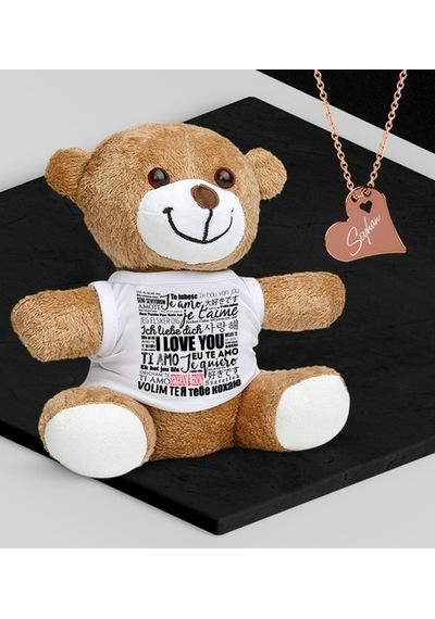 Kişiye Özel Sevgililer Temalı Peluş Ayıcık Ve Rose Kalp Kolye Set (409000995)