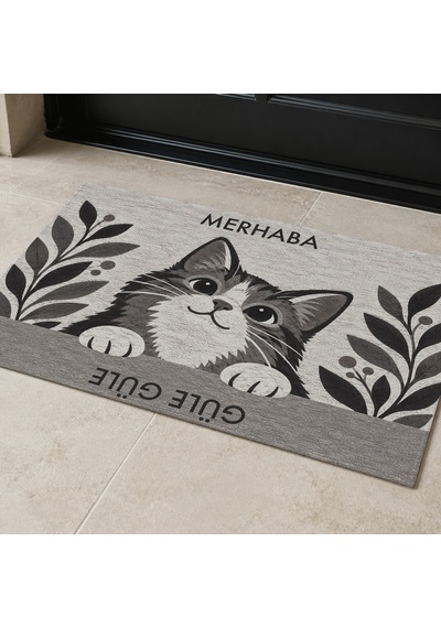 Kartela Halı Merhaba Güle Güle Kedili Kapı Paspası Antrasit Kaymaz Kauçuk Taban Yıkanabilir 60x90 Cm