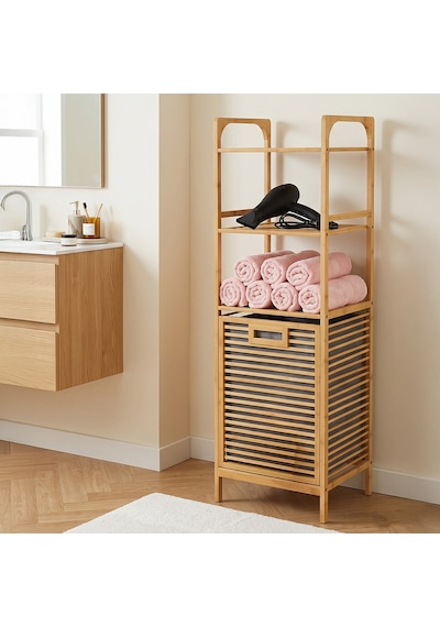 Porsima 120 Cm Doğal Bambu Banyo Düzenleyici Raf - Katlanabilir Kirli Sepetli Çok Amaçlı Banyo Dolabı Ahşap
