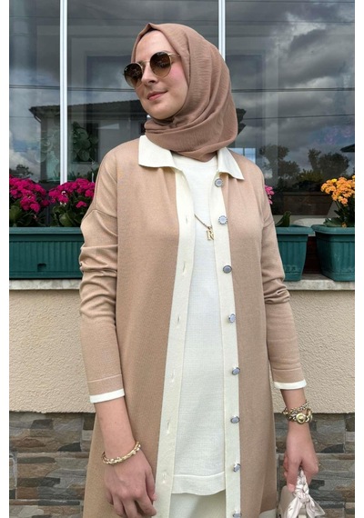 Rabia Şamlı İmge Çizgili Triko Hırka Bej Çok Renkli