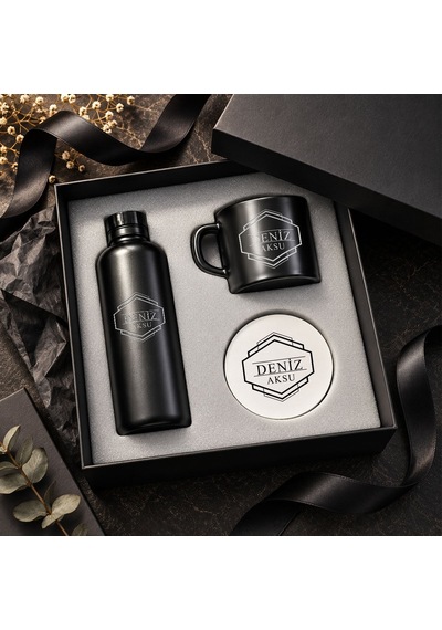 Bk Gift Kişiye Özel İsimli Siyah Cam Suluk & Seramik Kupa & Mdf Bardak Altlığı - 3'lü Hediye Kutulu Set-3