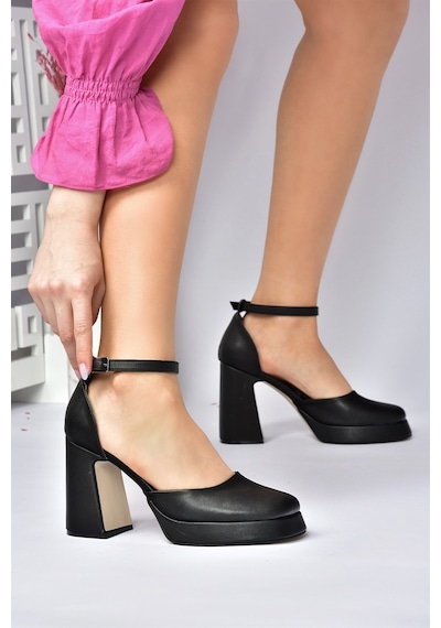 Fox Shoes  Siyah Kalın Platform Topuklu Kadın Ayakkabı M404100809 Siyah-Suni Deri