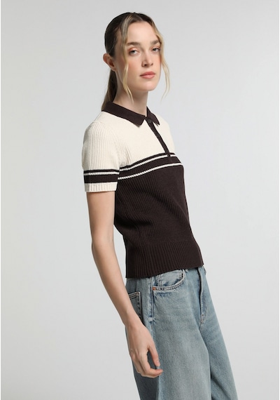 Colin's Colins Slim Fit Polo Yaka Çizgili Kadın Kahverengi Kısa Kol Kazak Cl1081963 Q1.v1 Brw