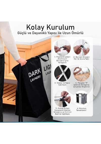 Valkyrie 3 Bölmeli Katlanabilir Çamaşır Sepeti Siyah Beyaz Renk Ayırmalı Çamaşır Organizer Diğer