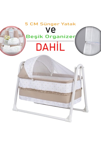Chubby Baby Lüks Sallanır Tenteli Portatif Sepet Beşik + Organizer - 5 CM Sünger Yatak Bej