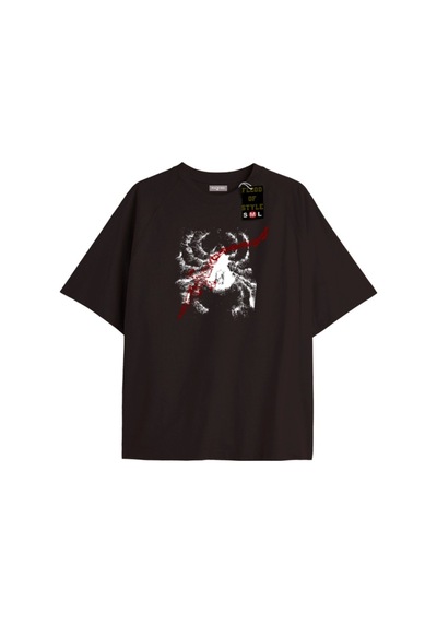 Flood Of Style Örümcek Zincir Desenli T-shirt Oversıze Baskılı Tee Tişört Siyah