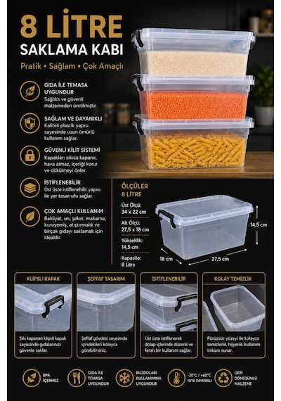 Modula 8l 3 Lü 8 Litre Kilitli Kapaklı Şeffaf Erzak Ve Saklama Kabı Seti İstiflenebilir Kuru Gıda Kabı Şeffaf