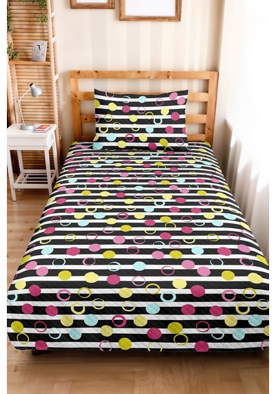 Siyah Geometrik Puantiyeli Genç Odası Tek Kişilik Pike Takımı - Pembe Sarı 160x220 Cm Yatak Örtüsü Hafif Sis Eşiği