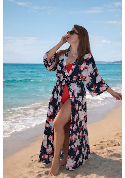 Wellway Viskon Saten Kumaş Kimono - Pareo - Sabahlık - Kuşak Dahildir - Siyah Siyah