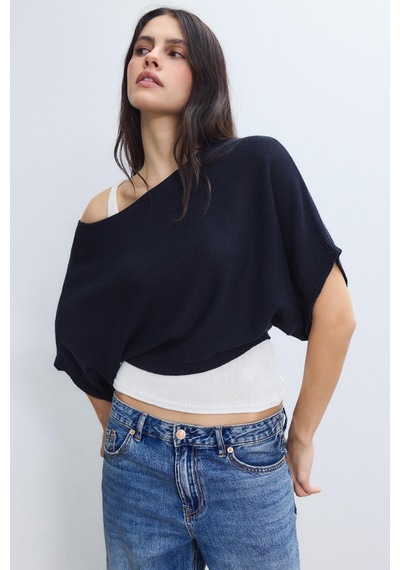 Madmext Lacivert Geniş Yaka Çift Katlı Triko Kazak Mg2780