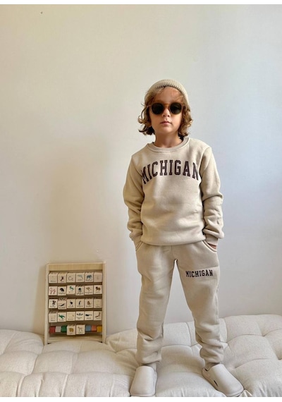 Jolly Kids Erkek Çocuk Michigan Yazı Baskılı Sweatshirt Takım Krem